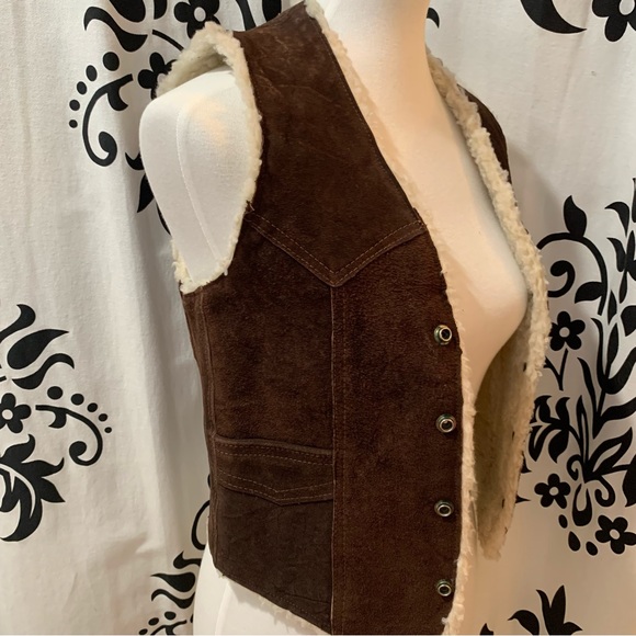 Brown Sherpa Leather Vest Size Medium Snaps - Picture 2 of 8